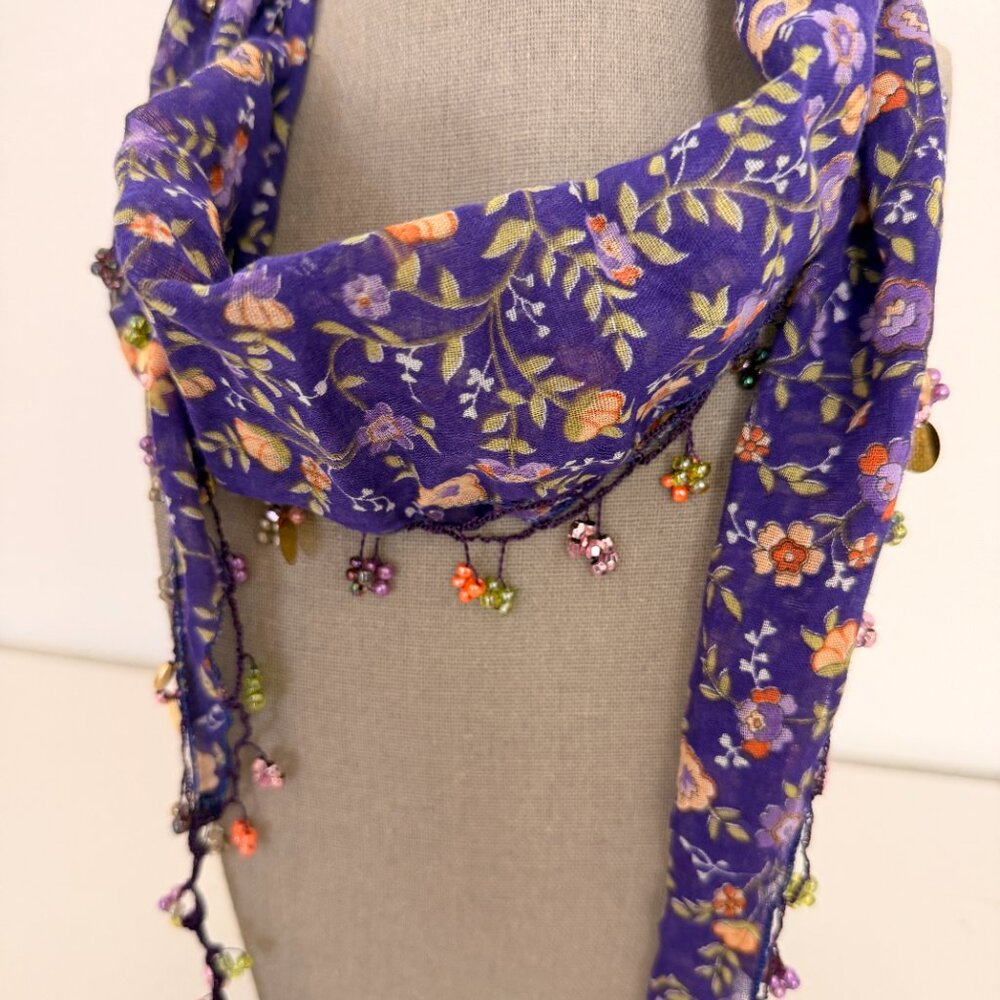 Traditional Turkish Oya Neck Violet  Scarf Bead & Needle Lace on Lawn Cotton - Picture 14 of 16
